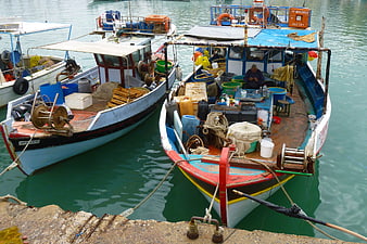 Colorful Fishing Boats Docked in Mediterranean Harbor