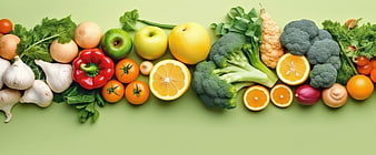 Fresh Assorted Fruits and Vegetables Flat Lay on Green Background