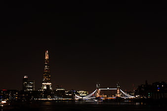 London skyline at night with The Shard and Tower Bridge