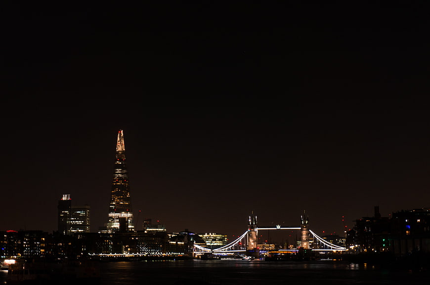 London skyline at night with The Shard and Tower Bridge