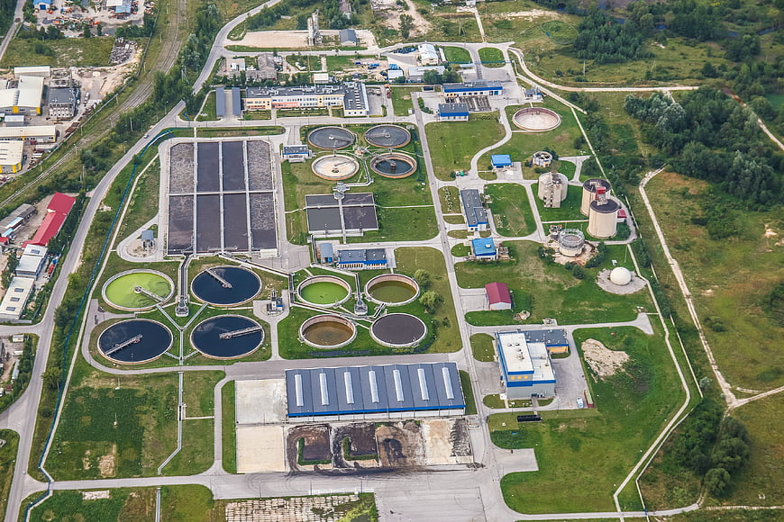 Aerial View of Wastewater Treatment Plant Infrastructure in Poland