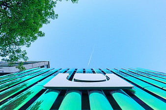 Low angle view of modern green glass building facade