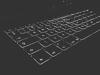 Black computer keyboard with white backlighting on dark background