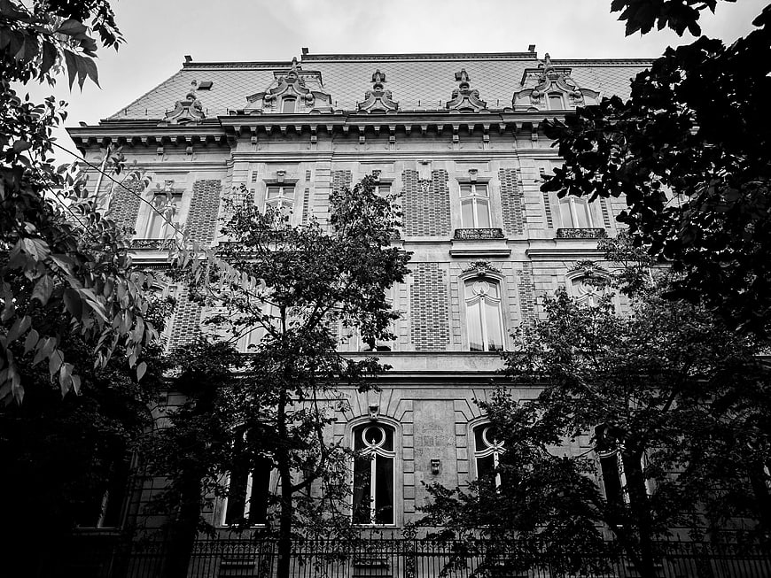 Black and white photo of ornate historic building facade