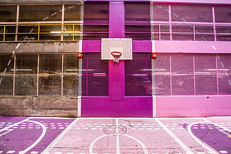 Vibrant purple and pink urban basketball court with hoop