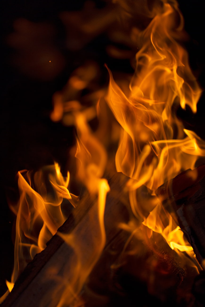 Close-up of burning wood logs in a campfire at night