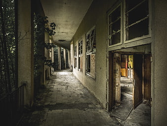 Abandoned Hospital Corridor with Broken Windows and Overgrown Nature