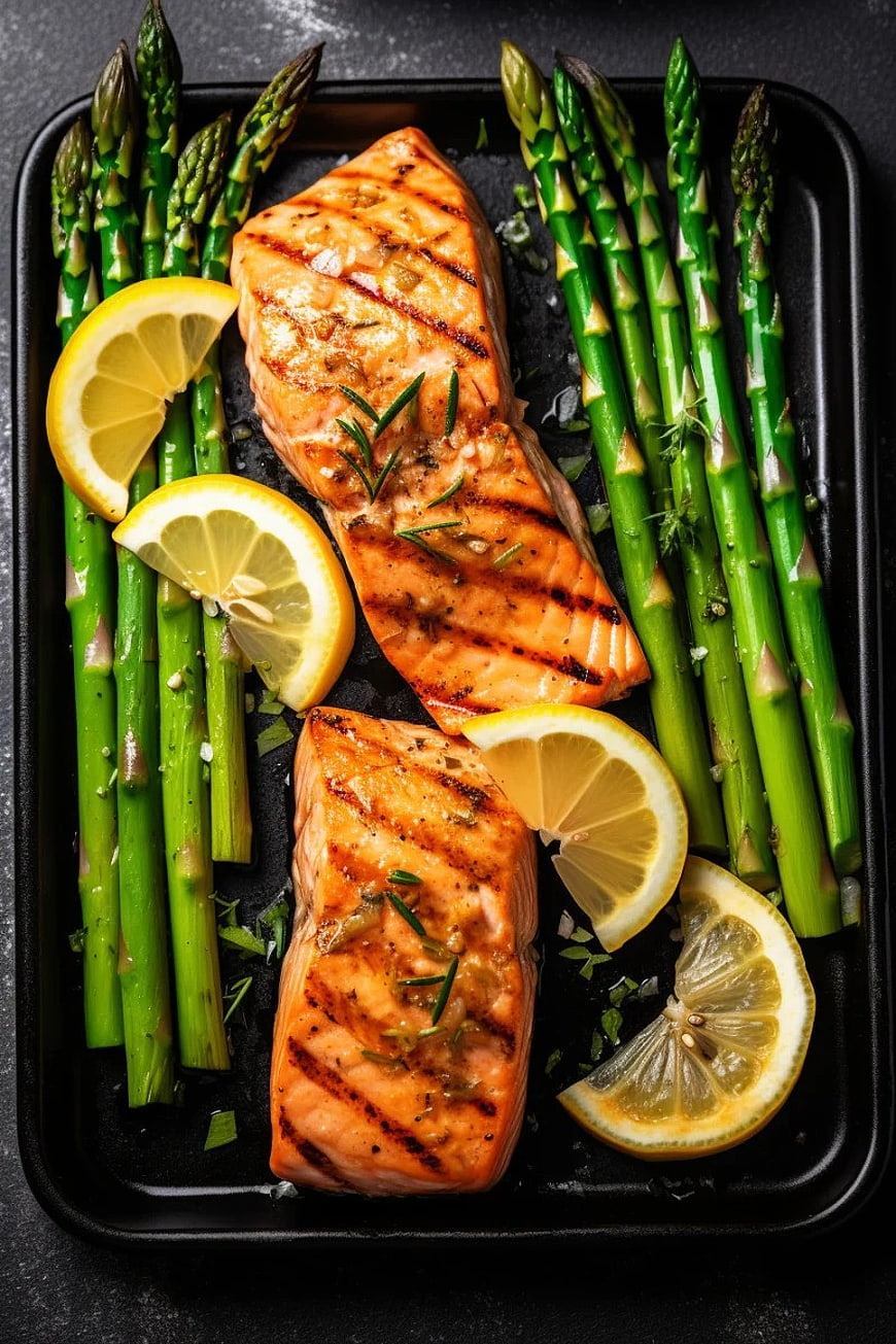 Grilled Salmon Fillets with Asparagus and Lemon on Black Tray