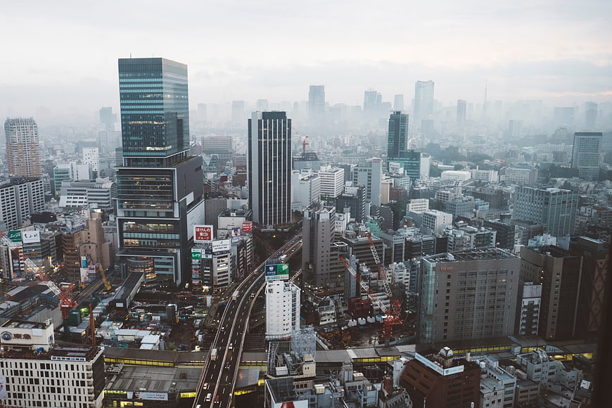 Aerial View of Tokyo Cityscape with Skyscrapers and Highway