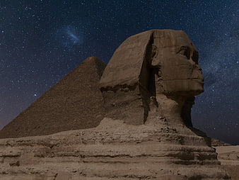 Great Sphinx of Giza and Pyramid Under Starry Night Sky