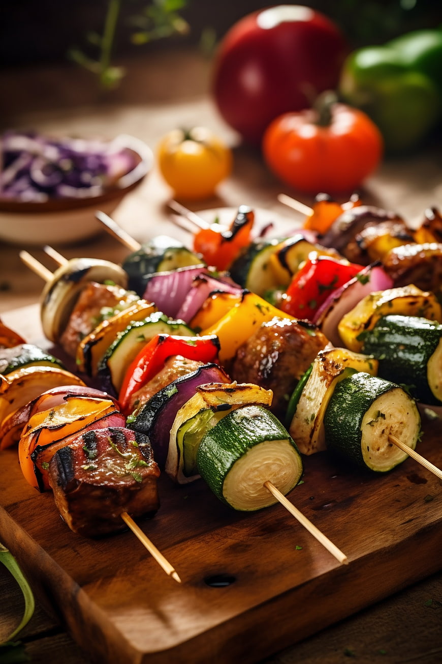 Grilled Vegetable and Meat Skewers on Wooden Board