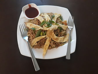 Top View of Nepalese Chow Mein with Egg and Sauce
