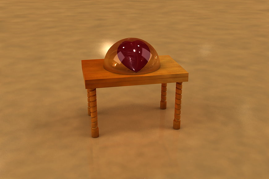 3D Render of Red Heart in Glass Dome on Wooden Table