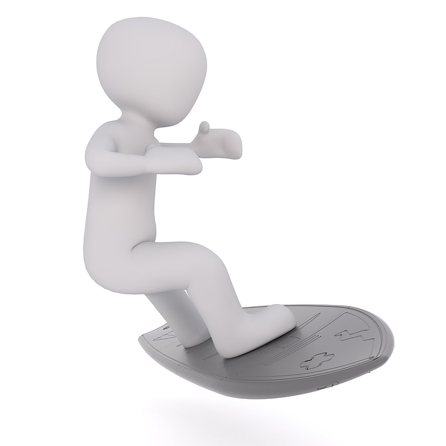 3D White Man Surfing on Gray Board Isolated on White