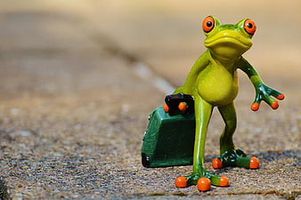 Cute Green Frog Figurine with Miniature Suitcase