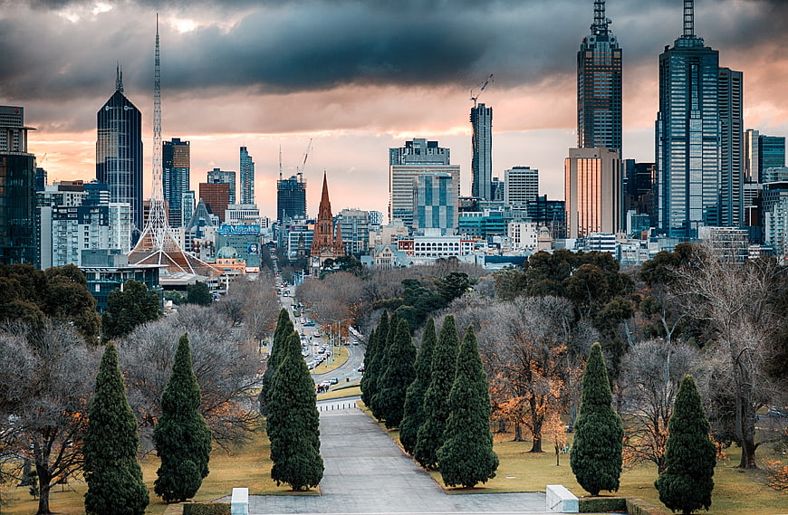 Melbourne CBD Skyline View From Kings Domain Park At Dusk