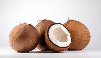 Fresh brown coconuts with one cut open on white background