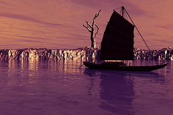 Silhouette of traditional sailboat on purple water at sunset