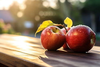 Fresh Red Apples with Water Droplets on Wooden Table