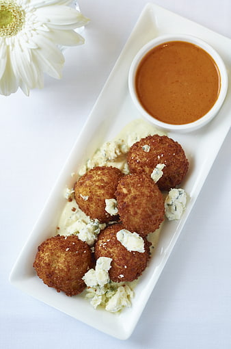 Crispy Fried Cheese Balls with Blue Cheese and Buffalo Dip