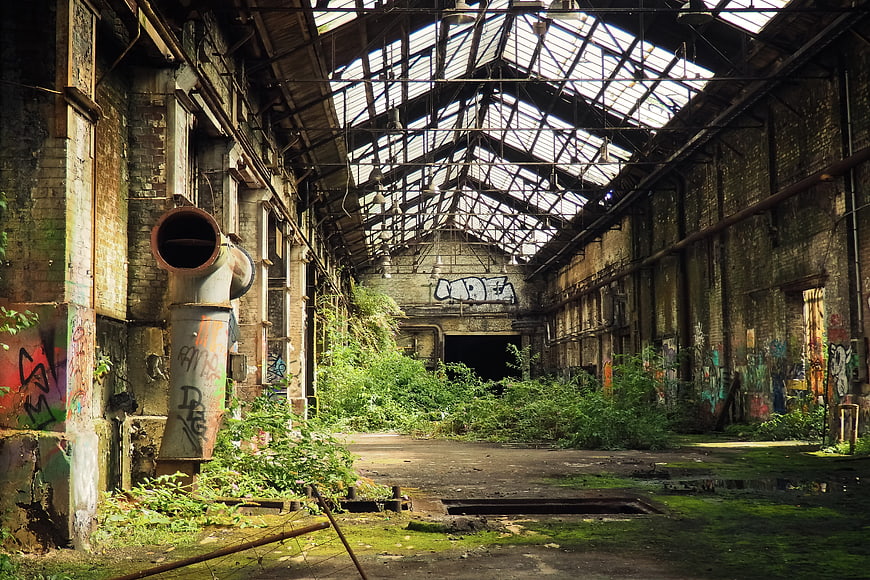 Abandoned industrial factory interior with overgrown vegetation and graffiti