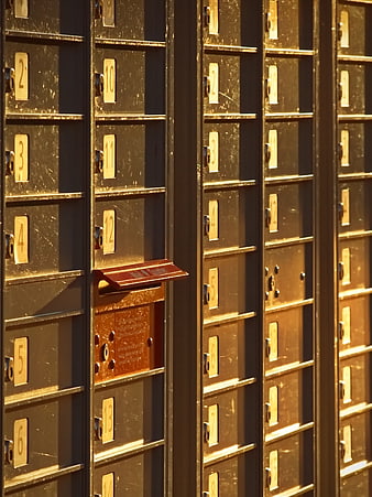 Sunlit Apartment Mailboxes with One Open Red Door