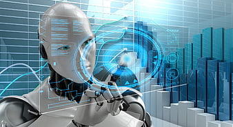 Futuristic AI Robot Analyzing Data With Holographic Interface