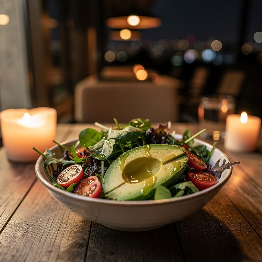 Fresh Avocado Salad with Cherry Tomatoes on Wooden Table