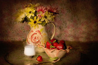 Vintage Still Life With Strawberries, Milk, And Flowers