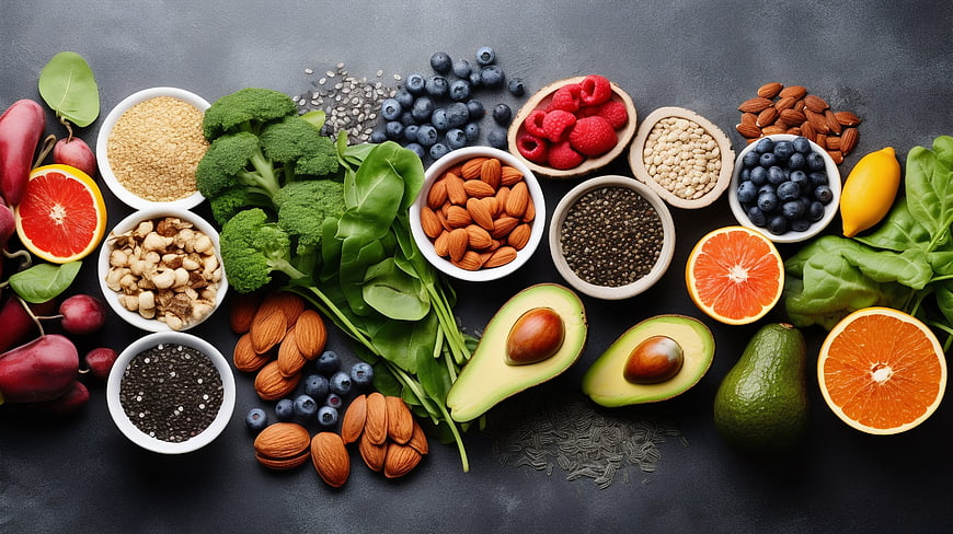 Top View Healthy Superfoods, Nuts, Berries, and Vegetables