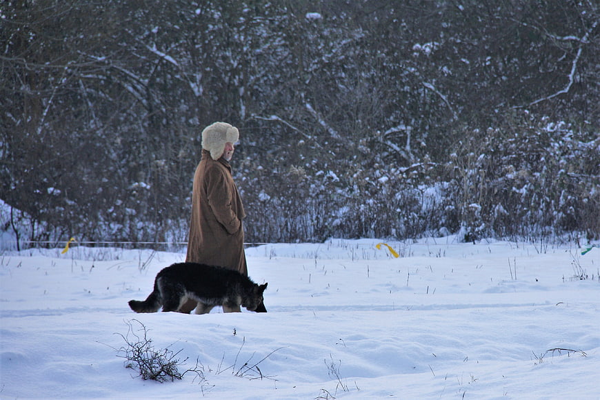 Man in fur hat walking with dog in snowy winter field