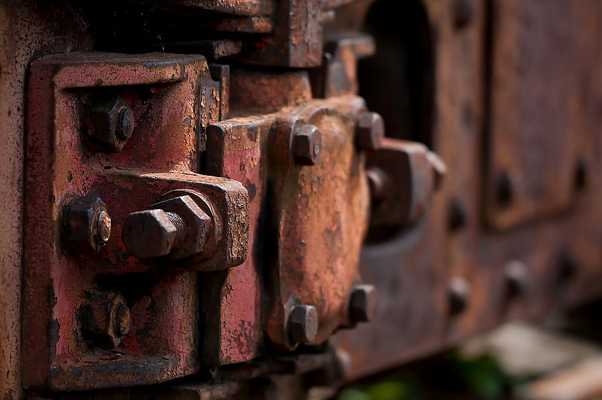 Close-up of Rusty Red Metal Train Coupling Mechanism