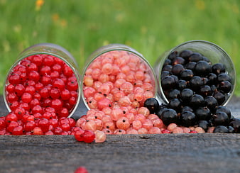 Spilled Red, White, and Black Currants in Glass Jars on Rustic Wood