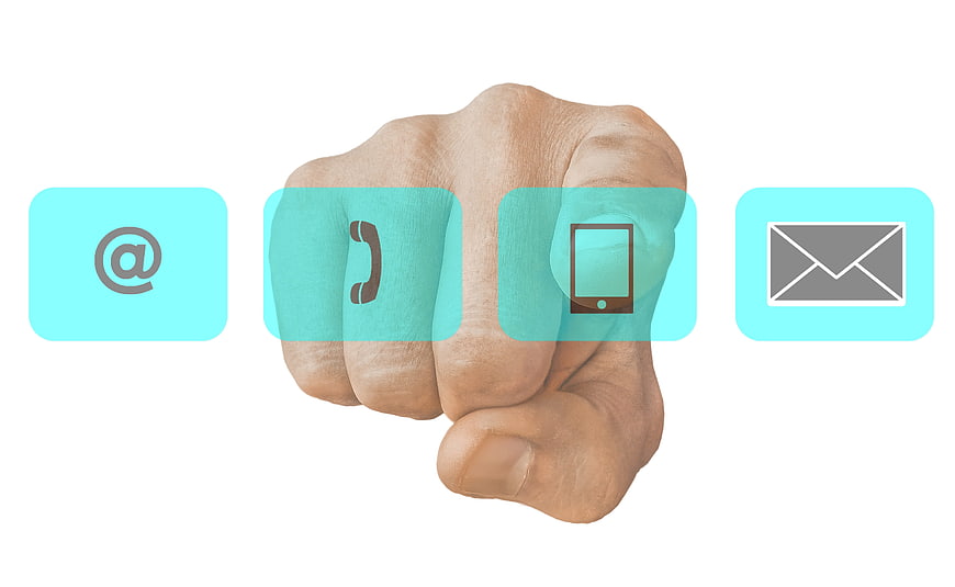 Hand pressing digital contact icons on white background