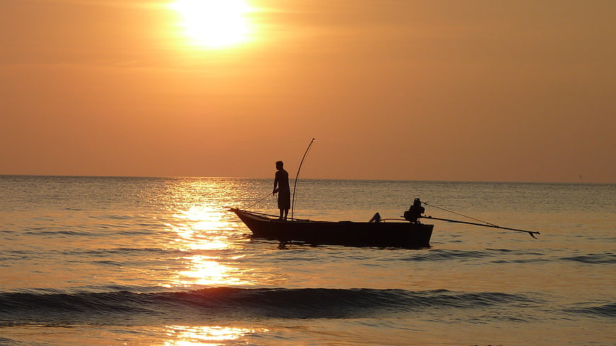 Silhouette of Fisherman in Boat at Golden Sunset