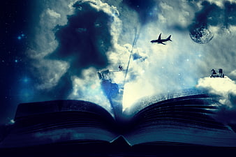 Surreal open book with fantasy world emerging from pages