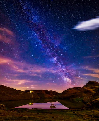 Milky Way Galaxy Over Lake with Silhouetted Figures