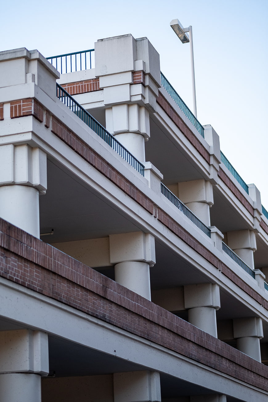 Low angle view of multi-level concrete parking garage architecture