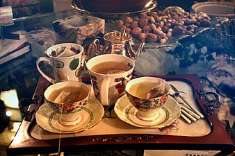 Vintage Tea Set with Nuts on Wooden Tray