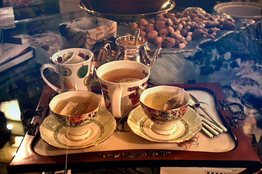 Vintage Tea Set with Nuts on Wooden Tray