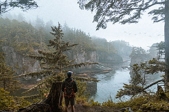 Hiker overlooking misty coastal river canyon