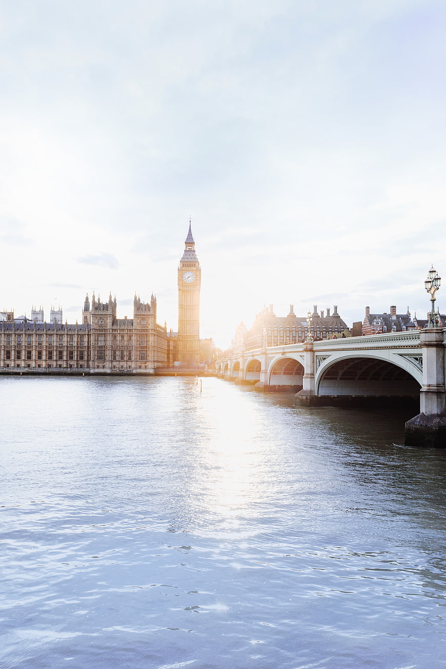 Big Ben and Westminster Bridge at Sunset Over River Thames