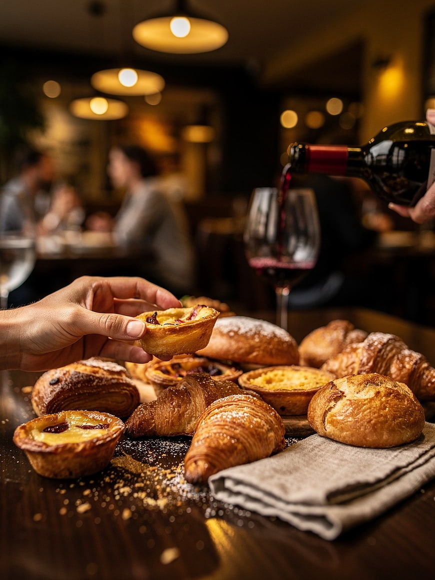Hand holding pastry with red wine pouring in cafe