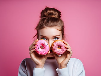Young woman holding pink donuts over eyes