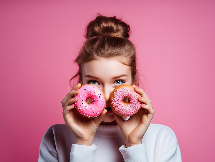 Young woman holding pink donuts over eyes