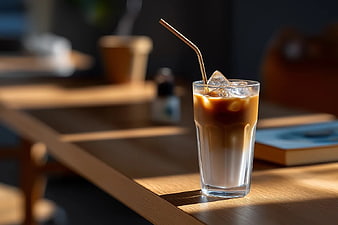 Iced Latte with Metal Straw on Wooden Table