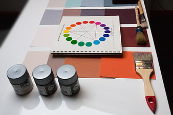 Color wheel chart, paint jars, and brushes on a white table