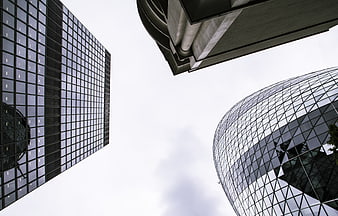 Low angle view of modern glass skyscrapers in London