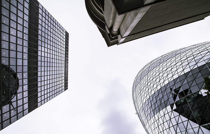 Low angle view of modern glass skyscrapers in London