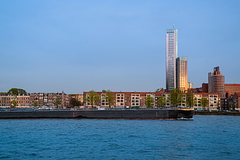 Freight ship sailing on river with Rotterdam skyline